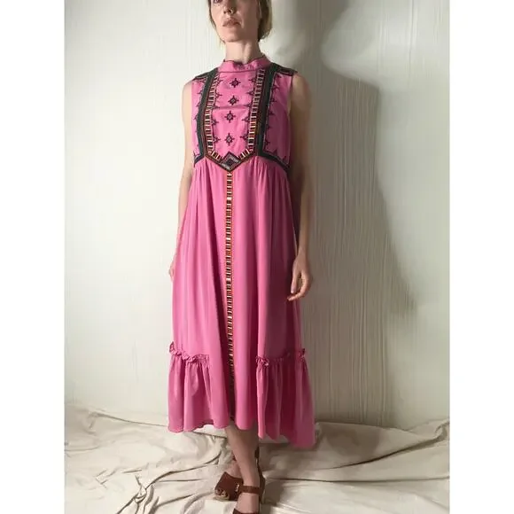 WHISTLES "Avery" Silk Bubblegum Pink Boho Embroidered Maxi Dress US 10 - Picture 2 of 13